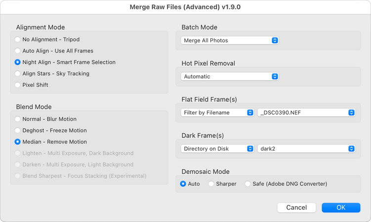 MergeRAW Advanced merge dialog with batch mode, hot pixel removal, flat field, dark frame, and demosaic mode options